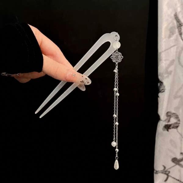 White Hair Pin with Chain
