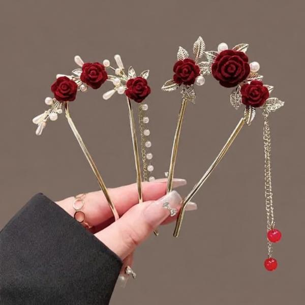 Red Flower Hair Pins